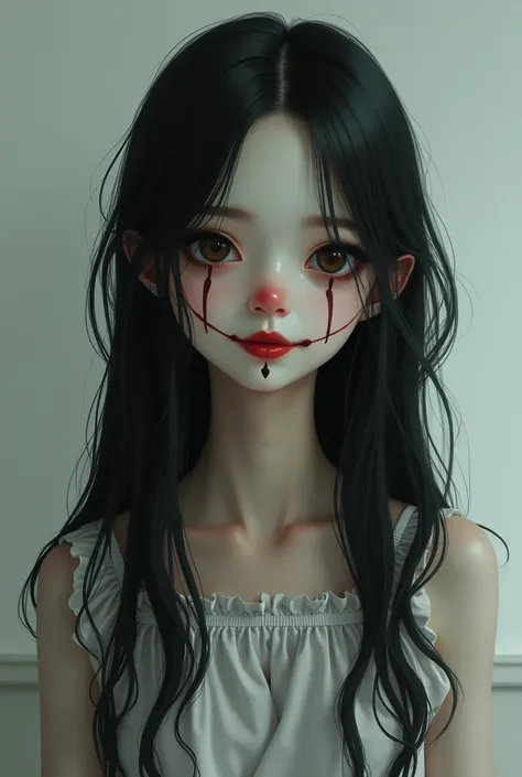  Long-haired black-haired teenager with simple clown makeup with depression 