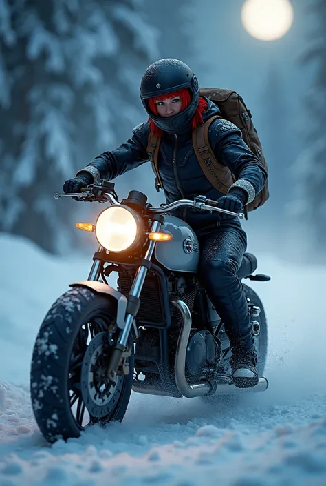 Red hair Brown eyes Wearing motorcycle helmet Wearing motorcycle jumpsuit with a backpack on the back On top of a motorcycle Snowy night 