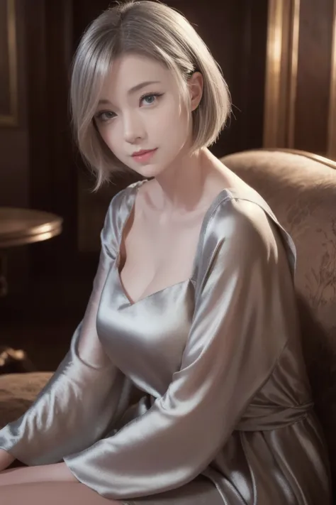 full body portrait, a beautiful silver-haired adult medieval woman with a soft face and bob haircut, perfect big brown eyes, det...