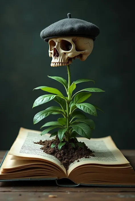  Plant growing from inside an open book, plant with a skull on top , Beret Skull  