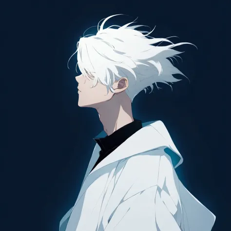 a close up of a person with white hair and a white jacket, white haired, white-haired, girl with short white hair, white hair floating in air, white hair, white hairs, with short bobbed white hair, male anime character, girl with white hair, with white lon...