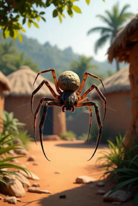 A spider in an african yard in an african village, realistic shot 