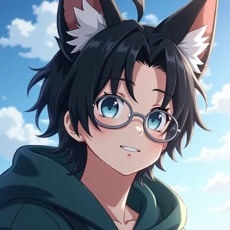  is a tall man, white, black hair,  fox ears, Smiling blue eyes , Big round eyes, Satisfied face,  cowboy camera angle , Hood, Mole at the corner of the mouth / Charming mole, คลุมHood, Wear glasses, Backlight, Anime,  high resolution, qualityที่ดีที่สุด, ...