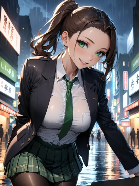 masterpiece, best quality, very aesthetic, high detailed anime, Sharp Focus, high contrast, 1lady, detailed green eyes, half opened mouth, smile, dark brown silky hair, (hair pulled back), side ponytail, contrapposto, Captivating thighs, uniform, blazers, ...