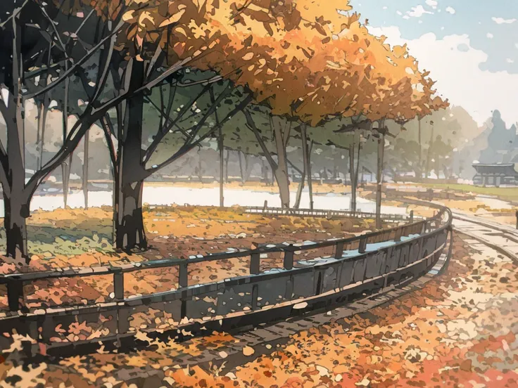 masterpiece,最 High Quality , super detailed, High definition background ,8k, High Quality ,Japanese manga style, sketch, Watercolor colors, autumn park,[Girl wearing headphones]