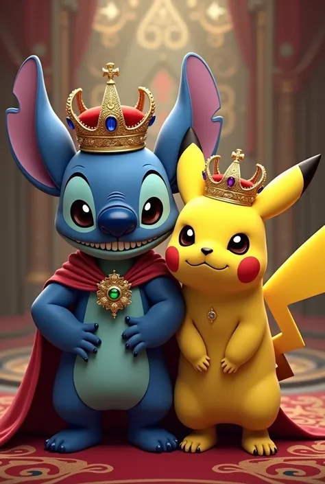 Stitch like a king and near him pikachu like a  Queen with crowns, both staying near to eachother 