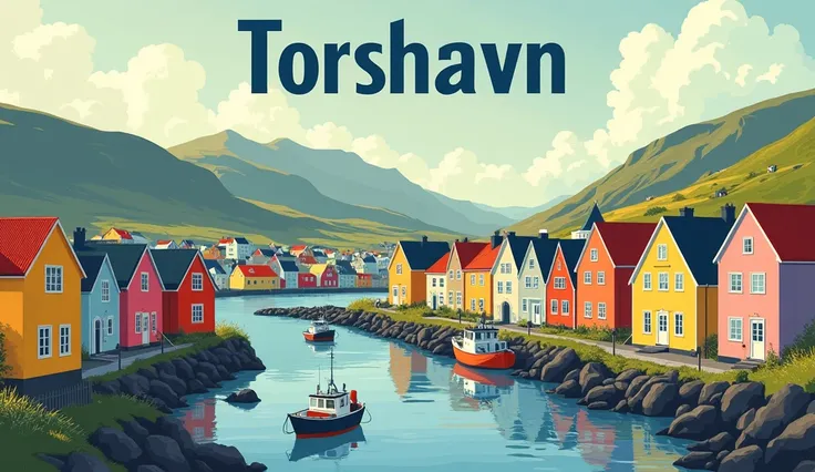 Travel poster showing Torshavn, Faroe Islands, with typicall arquitecture and vivid scenes of Torshavn daily life. Write "Torshavn" on the top, be creative with the typhograpfy. Pastel Colours, create an original frame on the travel poster.