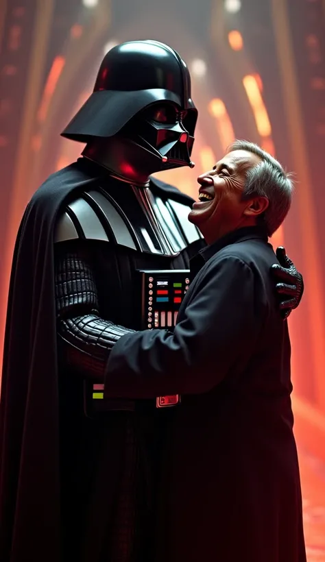 " Darth Vader holding a victorious Emperor while he laughs . The scene shows a missed opportunity for redemption ,  with the Emperor dominating the galaxy and Vader caught up in an unresolved internal conflict."
