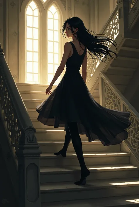 Girl in black tights walking up stairs