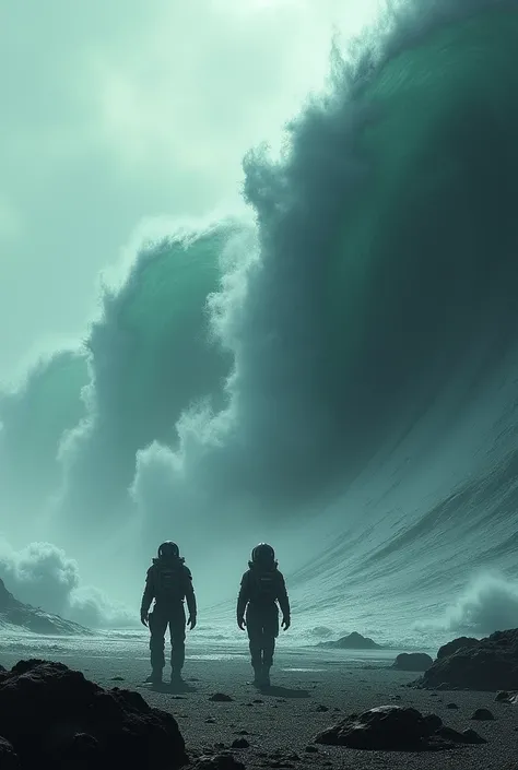 A planet with enormous waves reaching toward the sky. Silhouettes of Matthew McConaughey and Anne Hathaway struggle to escape, their space suits drenched, symbolizing the crew’s fight against nature’s power.

