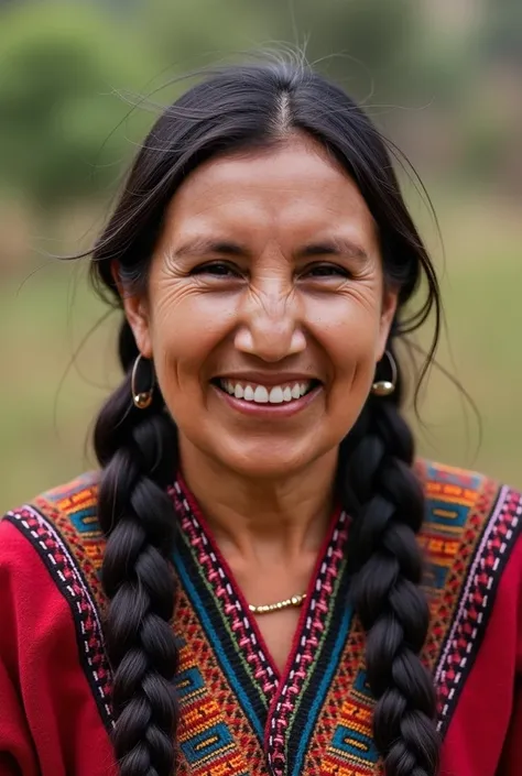 A 40-year-old Peruvian woman who works in agriculture on the farm has a slightly damaged face by the sun, her cheekbones are red, long hair with a smooth dark brown braid
dark skin color oval face shape 
brown and large eye color
Peruvian highland style wi...