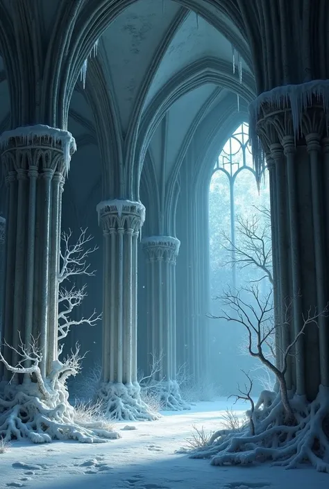 A frozen Gothic cathedral interior, with majestic columns covered in ice and snow blanketing the ground. Icicles hang from the towering arches, while a dim bluish light filters through broken stained glass, casting eerie shadows. The atmosphere is bleak an...