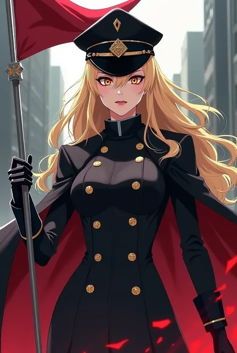 Blonde woman,  black Gennerals outfit with hat. Metal handy ability and your weapon is a long metal rod with a flag on it. Anime style
Her gaze is diabolical and visibly disturbed.
Modern dragon made of metal and without wings in the background.
Modern ima...