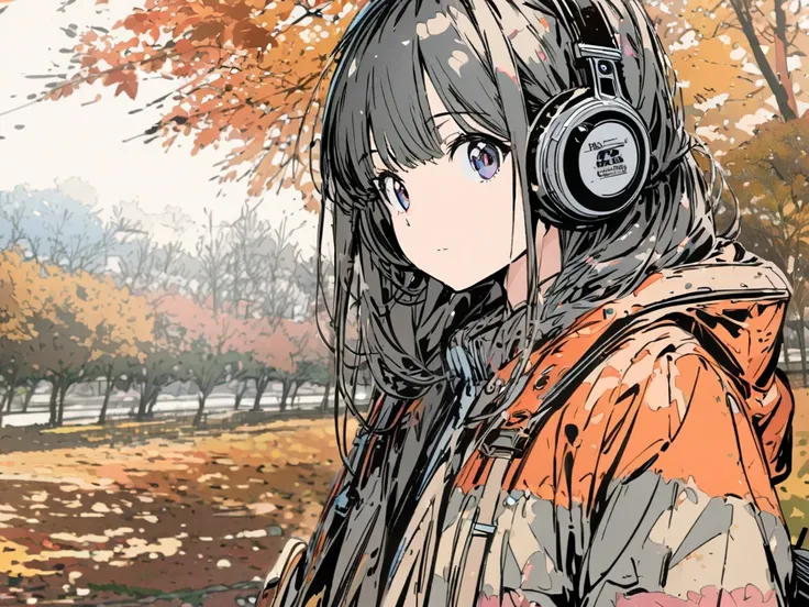 girl wearing headphones, masterpiece,最 High Quality , super detailed, High definition background ,8k, High Quality ,Japanese manga style, sketch, Watercolor colors, autumn park,[Girl wearing headphones]