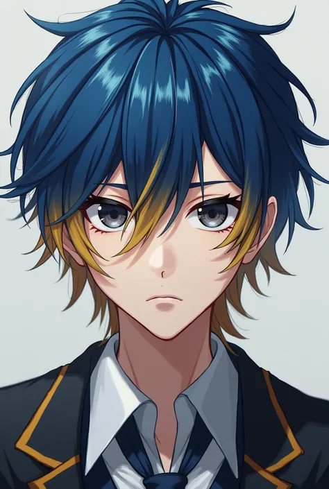 Serious high school boy with blue hair and golden locks with dark grey eyes 