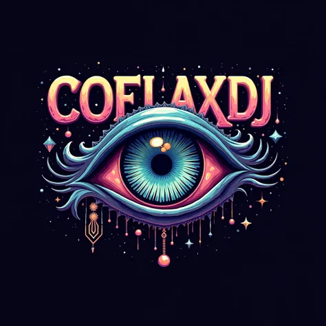  create a logo that says CoflaxDJ for my new electronic set, That I have an eye with hallucinations 