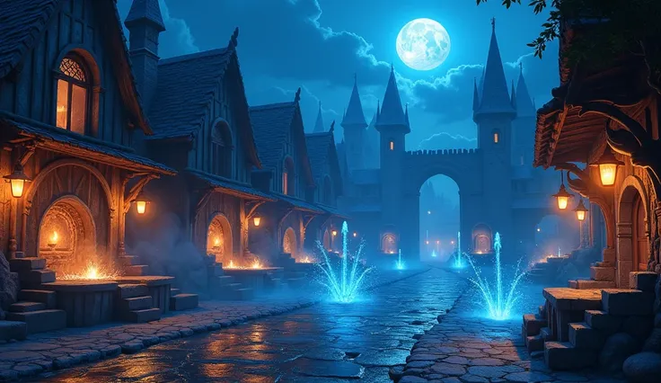  An area filled with forges and workshops illuminated by blue and silver flames . The sound of hammers echoes through the streets ,  and moon sculptures adorn every corner .  There are also magical fountains that provide enchanted water used in the process...