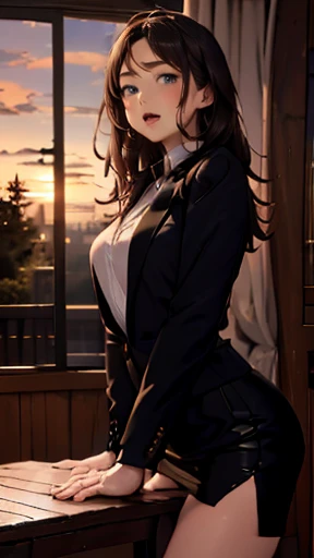 A woman longing for the past, An old barn with a broken window in the park , suit, Pencil Skirt,  small earrings , Droopy eyes,  Real Skin,  downtown , tree々, Old fence and shelves, Watching the sunset from the window, ((, Round face, Realistic sized eyes,...