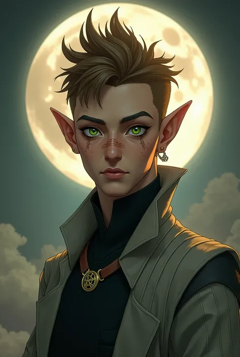  a male elf with small mohawk hair brown hair color green eye color a gray blouse and a black calsa small scars on the nose (He is the Moon God )