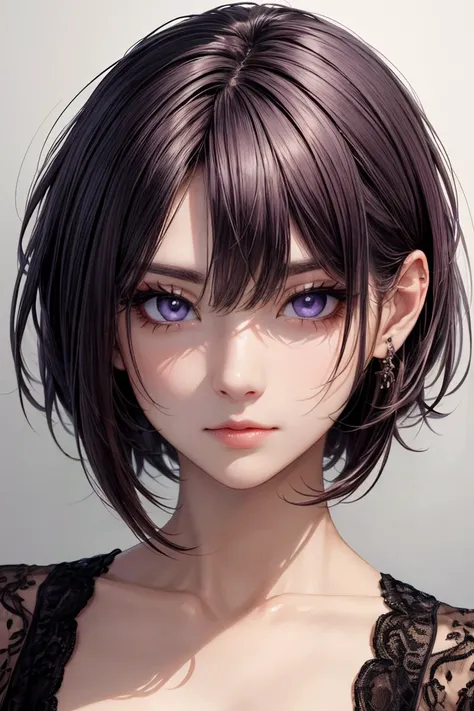 masterpiece, best quality, exquisite facial features, absurdres, purple, grey, ear-length short bob hair cut, highest quality, 8K, intricate details,
