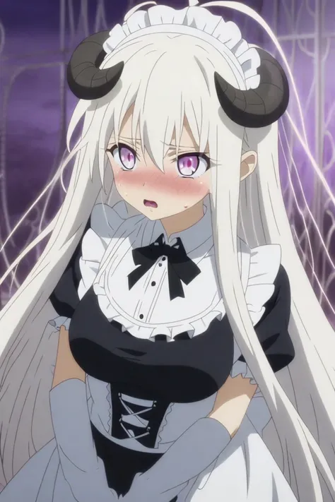 1girl, Long Hair, Very Long Hair, White Hair, Straight Hair, Messy Hair, Breasts, Large breasts, Blush, Open Mouth, Embarrassed,  White eyes, Maid costume, Jewelry, Black demon horns, Full body, Anime, Anime Style, 