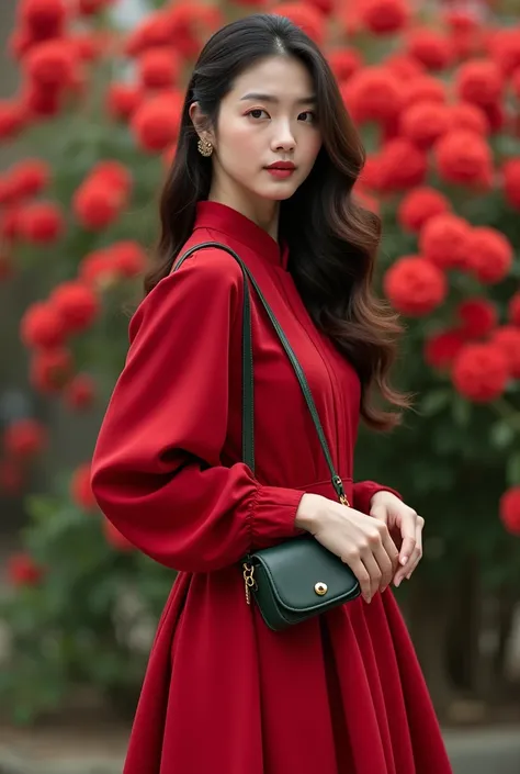 
Create an image of a Pakistan-Korean woman wearing elegant jeans sheathed dress style clothing. She should exude sophistication and grace, with her black to brown hair styled in a classic and refined manner, such as in soft waves or a sleek updo. Her eyes...