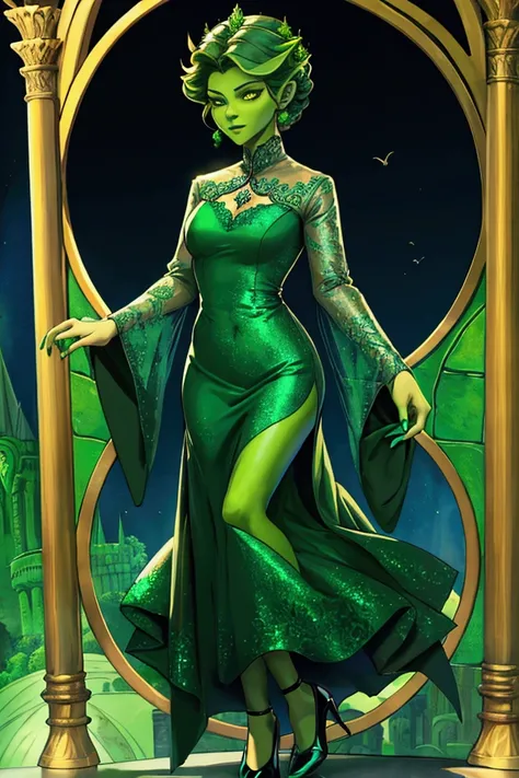 Elphaba, green skin, outfit, dress, whole body, emerald city, flying monkey