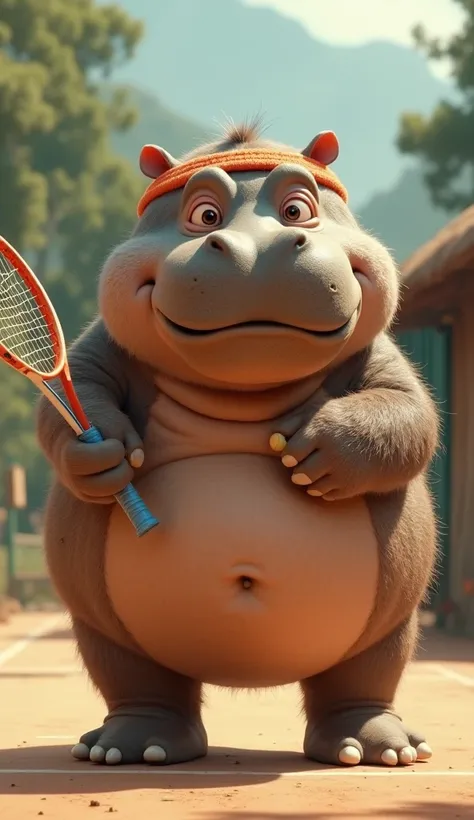 live-action,  Super reality,  A cute little hippopotamus smiling , biped:1.5, Happiness eye to eye :1.2,  brown coat from face to stomach :1.3,  A huge, furry hippopotamus playing tennis, with headband ,  racket in hand hitting a ball , living:1.3, adventu...