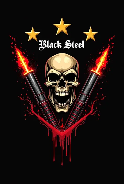 Make the flag of the Black Steel group color black and red in the middle of the skull on the sides of the gaus cannon below in bloody color the inscription black steel on top 3 gold stars, 500 by 500