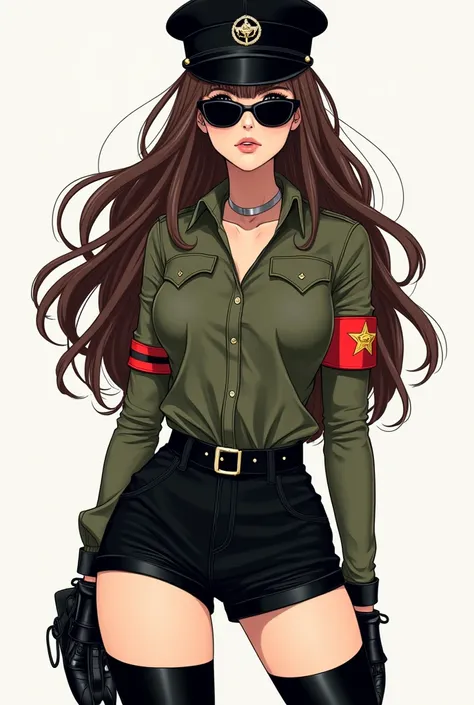  brunette woman with long wavy brown hair with a black ushanka on her head,  black lenses and military collar , green shirt and black shorts , black sneakers with high tights and a red band with a star in the middle of the band on the left arm manhwa versi...