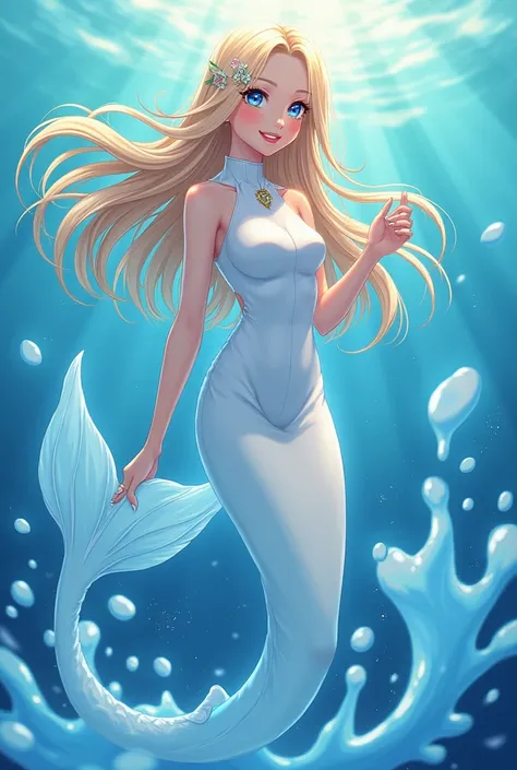  A blond-haired woman with white skin who is a mermaid ( with blue syrup ) Its anime style  ( with a white uniform)  And blue and gold eyes   