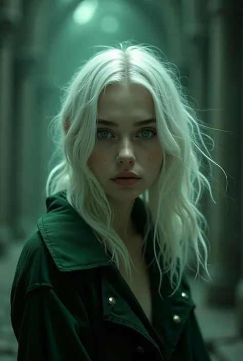 a young woman, slytherin student, pale skin, green eyes, white messy hair, mole under right eye,