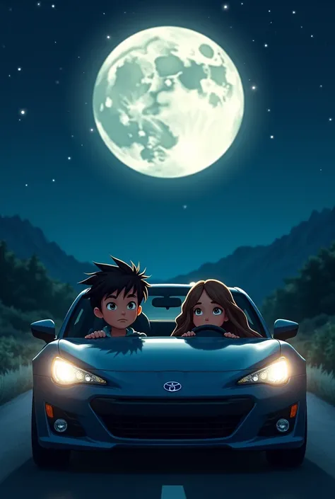 A boy driven a lot at night with a beautiful moon and a copilot a girl with wavy hair 