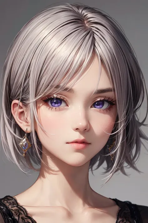 masterpiece, best quality, exquisite facial features, absurdres, purple, grey, ear-length short bob hair cut, highest quality, 8K, intricate details,
