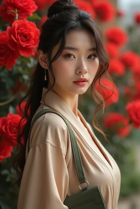 
Create an image of a Pakistan-Korean woman wearing elegant wrap sheathed dress style clothing. She should exude sophistication and grace, with her black to brown hair styled in a classic and refined manner, such as in soft waves or a sleek updo. Her eyes ...