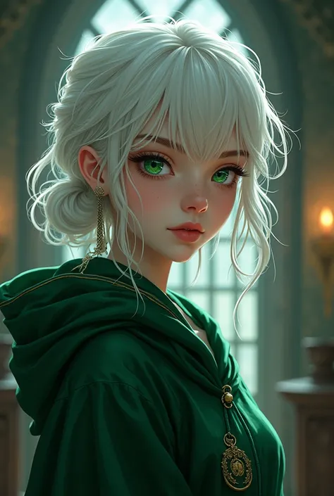 a young woman, slytherin student, pale skin, green eyes, white messy hair, mole under right eye, anime style