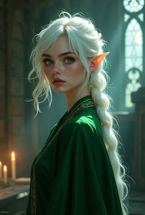 a young woman, slytherin student, pale skin, green eyes, white messy hair, mole under right eye, anime style