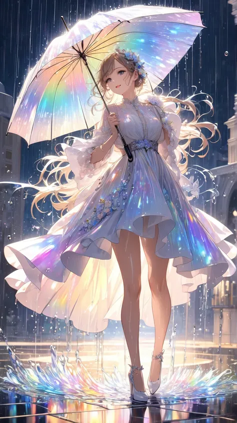 best quality, super fine, 16k, incredibly absurdres, 2.5D, extremely detailed, delicate, flashy and dynamic depiction, beautiful woman holding umbrella and having fun, like a scene from a movie, Iridescent rain pouring down, water splashing, sunlight spill...