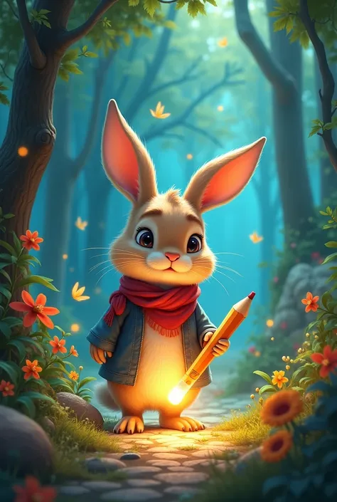 Here is the story part:

Bennys Magic Pencil

Benny, a young rabbit, was sitting at his desk, struggling to draw.

One day, while exploring his attic, Benny stumbled upon an old, mysterious-looking pencil. As soon as he picked it up, the pencil began to gl...