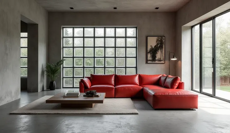 A modern living room in the style of Le Corbusier, with concrete walls and floors, accented by strategically placed glass blocks, flooded with natural light pouring in through large grid windows, a simple yet elegant space featuring a statement red leather...