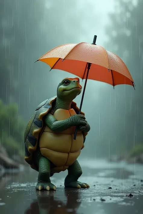 Turtle and umbrella in his hand watching the rain on a cloudy and rainy afternoon 