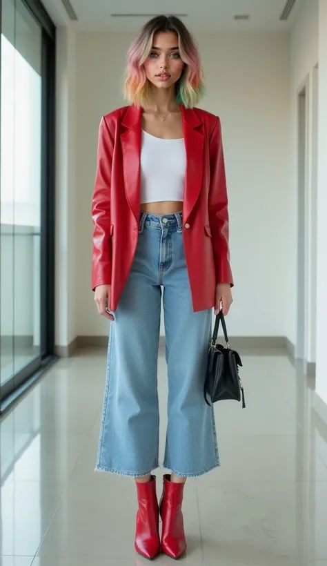 Beautiful (((Latina))) girl named Luna, full body shot, (((full body))), middle length pink-yellow-green gradient hair, bob cut hairstyle, 20 years old, (((cute face))), light tanned, wearing red leather blazer styled open, holding small black handbag in o...