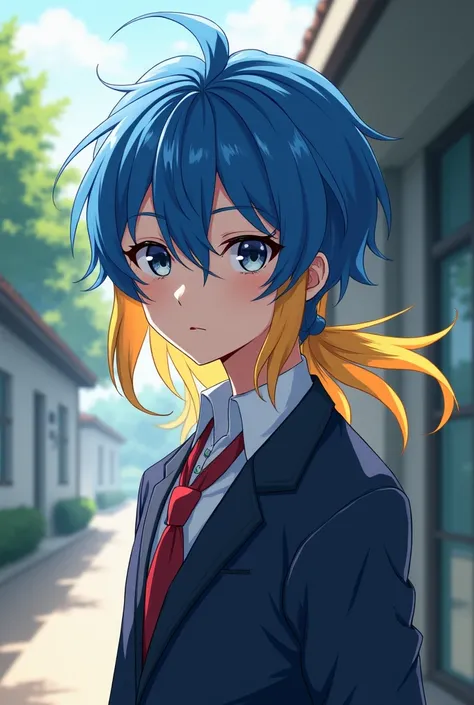 Anime high school boy with blue hair and golden locks with dark grey eyes