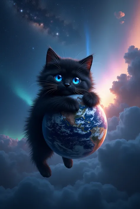 space ,galaxies , planets , Milky Way,constellations, northern lights,  realistic ,  detailed ,8k , HD, the most fluffy black cat with huge blue eyes hugs the planet . Floating in outer space. detailed , Beautiful,alive