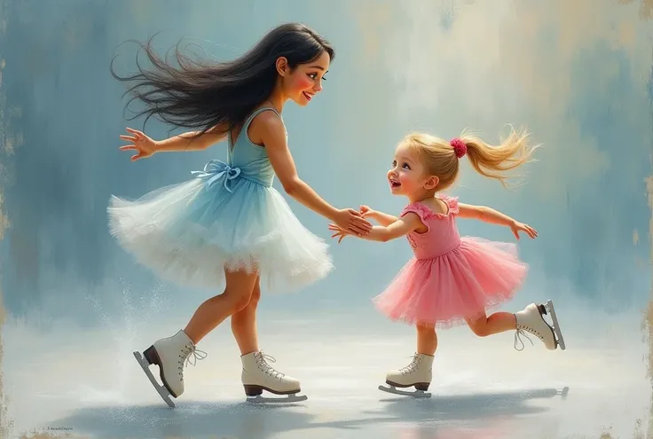 oil painting and profile of a woman with long black hair, blue eyes, wearing a figure skater dress while smiling adorablely and opening her arms waiting for a  with golden hair to run towards them. on the other side a two year old girl with golden hair, bl...