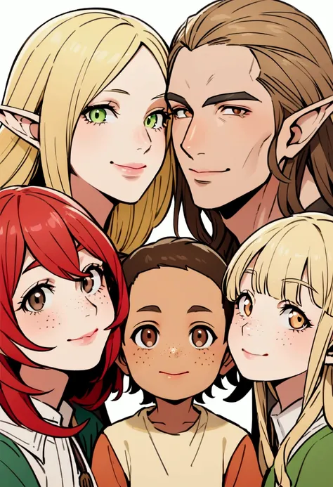 creates a family portrait composed of three people, a half-elf woman in her thirties with red hair, brown eyes and freckles on her face, next to her a half-elf man in his thirties with blond hair and green eyes and among them a three-year-old elf boy with ...