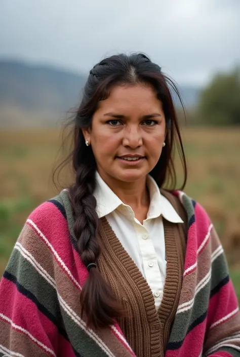  a 40-year-old Peruvian woman who works in agriculture on the farm has a little damaged face by the sun, her red cheekbones, long hair with a smooth dark brown braid
dark skin color oval face shape 
brown and large eye color
His clothes consist of a white ...