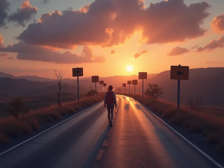  A long, winding road at dusk ,  with signs indicating different directions .  A figure walks down the road , with a simple backpack ,  representing someone following their path despite challenges.  The sky is a mix of orange and purple hues ,  suggesting ...