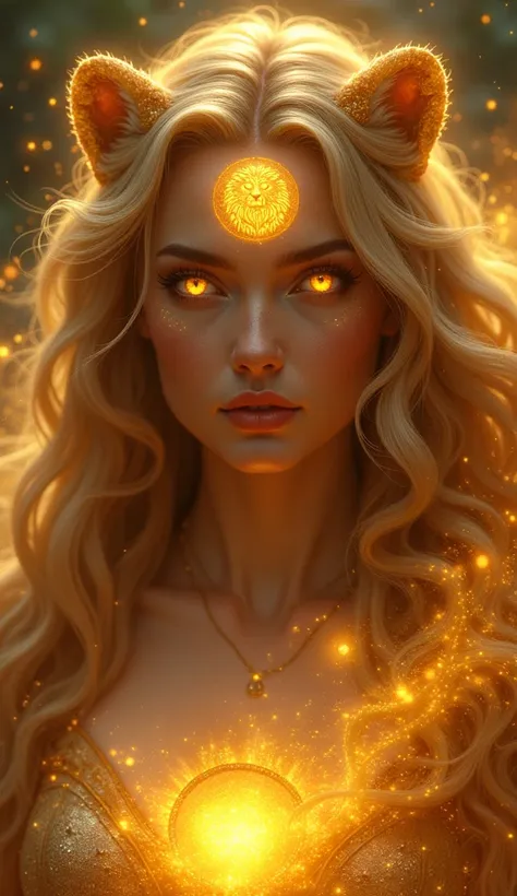 A close-up of a stunning mystical woman with luminous yellow eyes and a glowing lion emblem on her forehead. Her golden aura radiates power and grace, with zodiac constellations subtly glowing in the background."