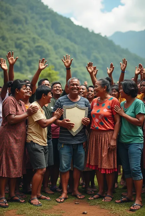 Iwant this image to be in AI real image of A diverse PNG community standing together with a protective shield symbol around them, plus a symbol or message about kindness and inclusion (like people embracing or high-fiving). Headline: “Wokim gutpela samting...